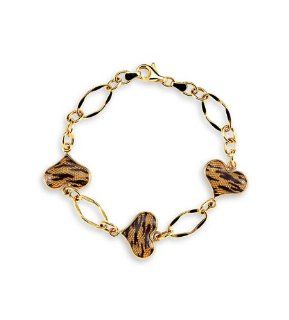 14k Yellow Gold Tiger Print Enamel Heart Charm Bracelet Link Charm Bracelets Jewelry