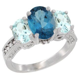 10K White Gold Natural London Blue Topaz Ring Ladies 3 Stone 8x6 Oval with Aquamarine Sides Diamond Accent, sizes 5   10 Jewelry