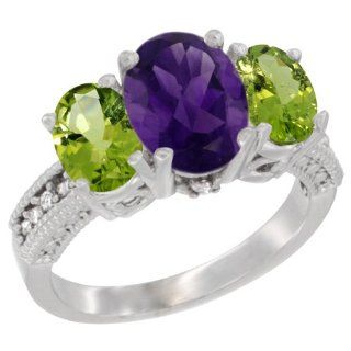 10K White Gold Natural Amethyst Ring Ladies 3 Stone 8x6 Oval with Peridot Sides Diamond Accent, sizes 5   10 Jewelry