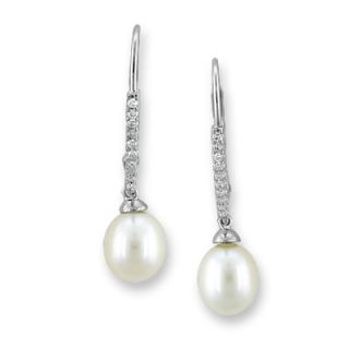 Cultured Freshwater Pearl Drop Earrings in 14K White Gold with Diamond