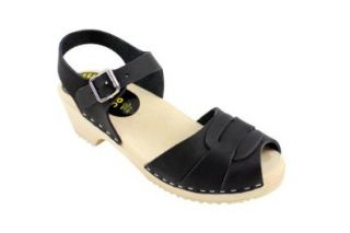 Lotta From Stockholm Torpatoffeln Swedish Clogs  Low Heel Peep Toe Clogs in Black Leather Wooden Heel Sandals Shoes
