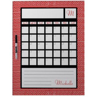 Red Greek Key and Initial Calendar Dry Erase Board