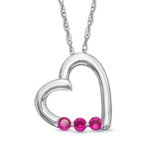 Lab Created Ruby Three Stone Heart Pendant in Sterling Silver   Zales