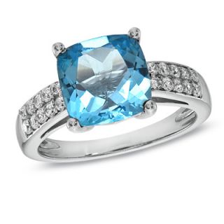 Cushion Cut Blue Topaz and Lab Created White Sapphire Ring in Sterling