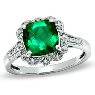 0mm Cushion Cut Lab Created Emerald Vintage Style Ring in Sterling