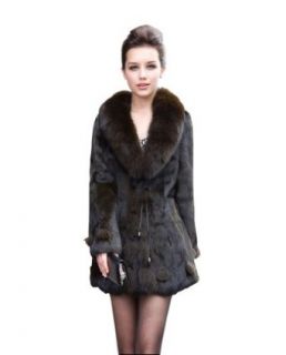 Bafei Long Women's 100% Real Rabbit Fur Coat Slim Jacket with Super Fox Collar