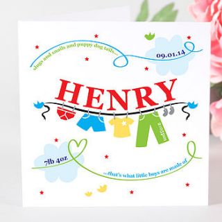 personalised new baby boy washing line card by megan claire