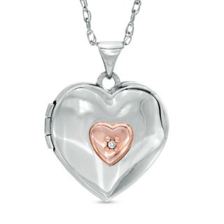 Diamond Accent Heart Shaped Locket in Sterling Silver and 14K Rose