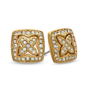 Crystal Square Flower Stud Earrings in Brass with 18K Gold Plate