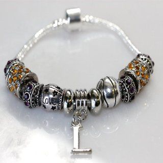 Lakers Theme Pandora Charm Style Bracelet with Basketball Charm,love Charm, Gold and Purple Crystal Charms (7.0 inches) Jewelry