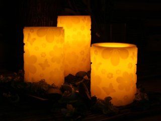 Flameless Candles; White Wax with Flower Pattern Candles, 4 inch, 5 inch, and 6 inch Candles Set of 3   Led Pillar Candles