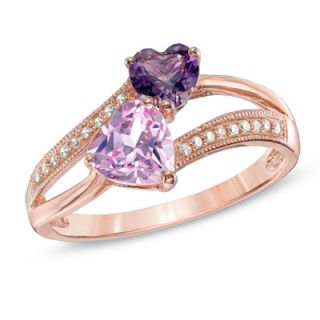 Heart Shaped Amethyst and Lab Created Pink and White Sapphire Ring in