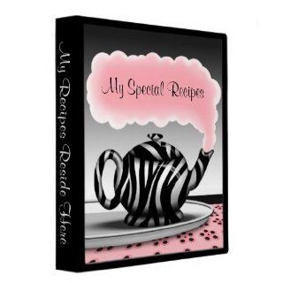 Zebra Print Teapot   Pink & Black Recipe Binder  Office Binder Supplies 