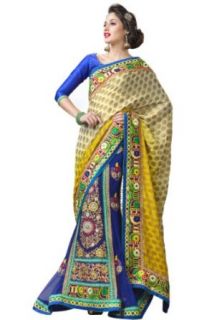 Deep Cream Yellow and Persian Blue Lehenga Style Saree in Small Size Clothing