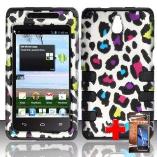 Huawei Ascend Plus H881c (StraightTalk) 2 Piece Silicon Soft Skin Hard Plastic Shell Image Case Cover, Rainbow Cheetah Spot Pattern White Cover + LCD Clear Screen Saver Protector Cell Phones & Accessories