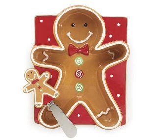 Christmas Gingerbread Man Candy/Cheese Dish With Spreader   Flatware Cheese Servers