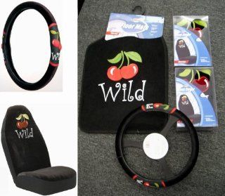 Wild Cherry Design 5pc Combo Set Front Floor Mats, Seat Covers & Steering Wheel Cover Automotive