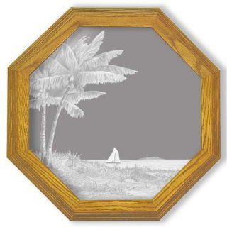 Decorative Framed Mirror Wall Decor With Tropical Palm Tree Etched Mirror   Tropical Palm Tree Decor   Unique Tropical Palm Tree Gift Ideas   Ready To Hang   13" octagon   Wall Mounted Mirrors