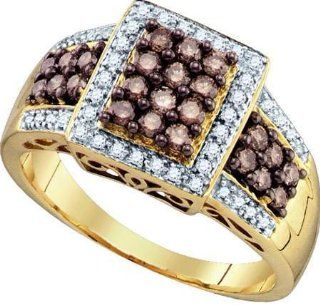 0.67 Carat Cognac Champagne Chocolate Brown Princess Shape Round Diamond Halo Engagement Ring Jewelry
