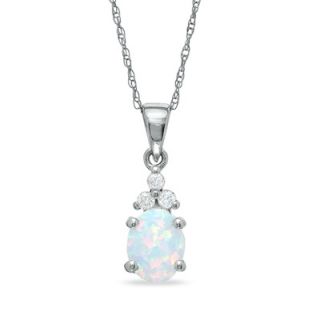 Oval Lab Created Opal and Tri Top Diamond Pendant in 10K White Gold
