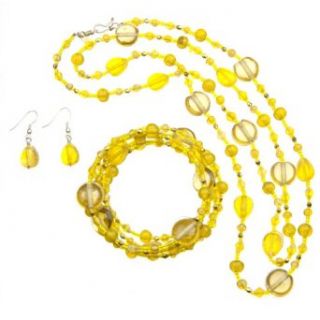 Yellow Glass Bead Necklace, Bracelet and Earring Set Jewelry Sets Clothing