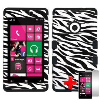 Nokia Lumia 521 (T Mobile) 2 Piece Silicon Soft Skin Hard Plastic Image Case Cover, Black Zebra Stripes White Cover + LCD Clear Screen Saver Protector Cell Phones & Accessories