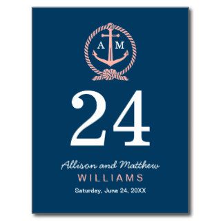 Navy Blue and Coral  Wedding Table Number Card Postcard