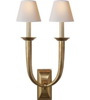 Studio French Deco Horn Double Sconce in Hand Rubbed Antique Brass with Natural Paper Shades by Visual Comfort S2021HAB NP   Wall Sconces  