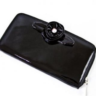 Renato Angi Italian Designer Black Leather Swarovski Rose Wallet Clutch Purse Bag Card Holder Women
