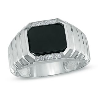 Mens Rectangular Onyx and Diamond Accent Ring in 14K White Gold