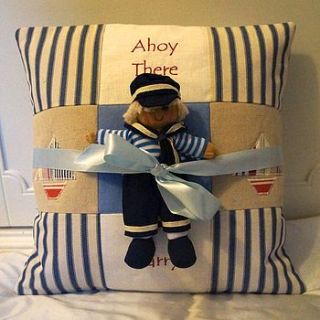sailor doll and 'ahoy there' cushion gift set by tuppenny house designs