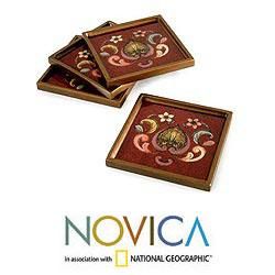 Set of 4 Glass 'Floral Romance in Red' Coasters (Peru) Novica Coasters