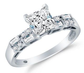 Solid 14k White Gold Highest Quality CZ Cubic Zirconia Engagement Ring   Princess Cut Solitaire with Round & Baguette Side Stones (1.75cttw., 1.0ct. Center)   Available in all ring sizes 4   13 Jewelry