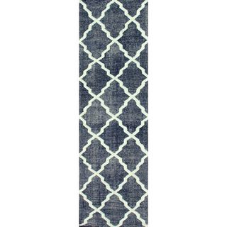 Nuloom Hand knotted Moroccan Trellis Navy Faux Silk / Wool Runner Rug (26 X 8)