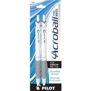 Pilot Acroball Pure White Retractable Hybrid Gel Ball Point Pens, Fine Point, Black Ink, Silver Accents, 2 Pack (31895)  Rollerball Pens 