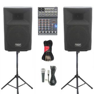 Podium Pro Audio PP1207A Bluetooth 12" Active Speakers Mixer Mic Stands and Cables 1200W  PP1207ASET5 Musical Instruments