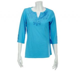 Quacker Factory Blue Sapphire Rhinestone 3/4 Sleeve T shirt —
