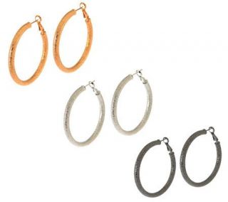 Susan Graver Set of 3 Textured Hoop Earrings —