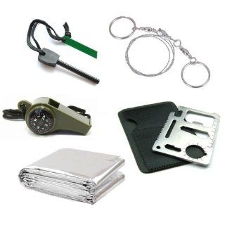 ChineOn Outdoor Emergency Survival Kit  Thermal Blanket + Larger Size Fire Starter Flint + Wire Saw + 3in1 Whistle + Card Knife  Survival Signal Whistles  Sports & Outdoors