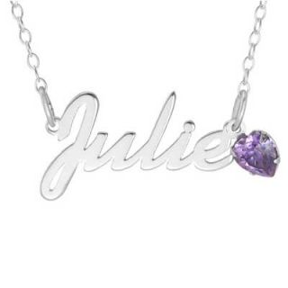 Heart Shaped Simulated Birthstone Script Name Necklace in Sterling