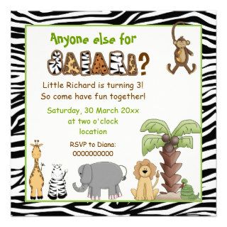 Jungle animals safari kids birthday party personalized invitations