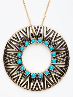 Gold & Turquoise Cabochon Tribal Circle Necklace by House of Harlow 1960