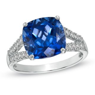 10.0mm Cushion Cut Lab Created Blue and White Sapphire Ring in