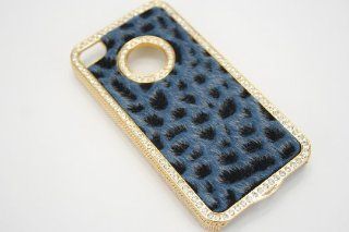 New Custom Bling Blue Cheetah Faux Fur Gold Lined Sparkly Animal Print Crystal Rhinestone Snap On Hard Shell Protective Case  Apple iPhone 4, 4G & 4S Cell Phones & Accessories