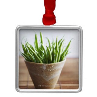 Green beans in pot on bamboo surface christmas tree ornaments
