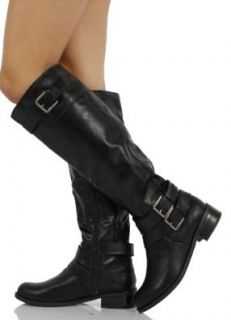 Black Faux Leather Buckle Knee High Riding Flat Boots Doric 6 Shoes