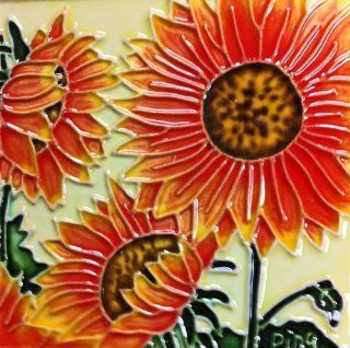Continental Art Center SD 003 4 by 4 Inch Three Sunflowers Ceramic Art Tile  Decorative Tiles  Patio, Lawn & Garden