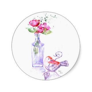 watercolor bird and vase of flowers on a sticker