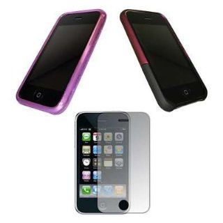 Premium Rubberized Slide On Cover Case (Rose Pink / Black) + Transparent Purple Gel Skin Ultra Guard Thermoplastic Polyurethane Cover Case + LCD Screen Protector for Apple iPhone 3G / 3G S Cell Phones & Accessories