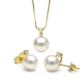 Cultured White Saltwater Japanese Akoya Pearl and Diamond Radiance Matching Pendant and Stud Earring Set, 7.0 7.5mm   AA+ Quality, 14K Yellow Gold Jewelry